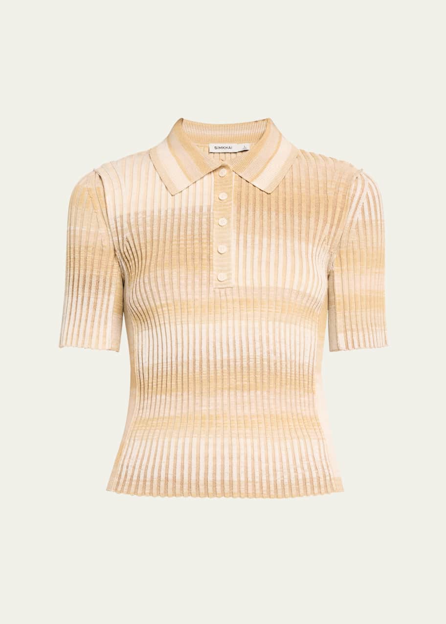 Image 1 of 1: Devina Short-Sleeve Ribbed Stripe Polo Top