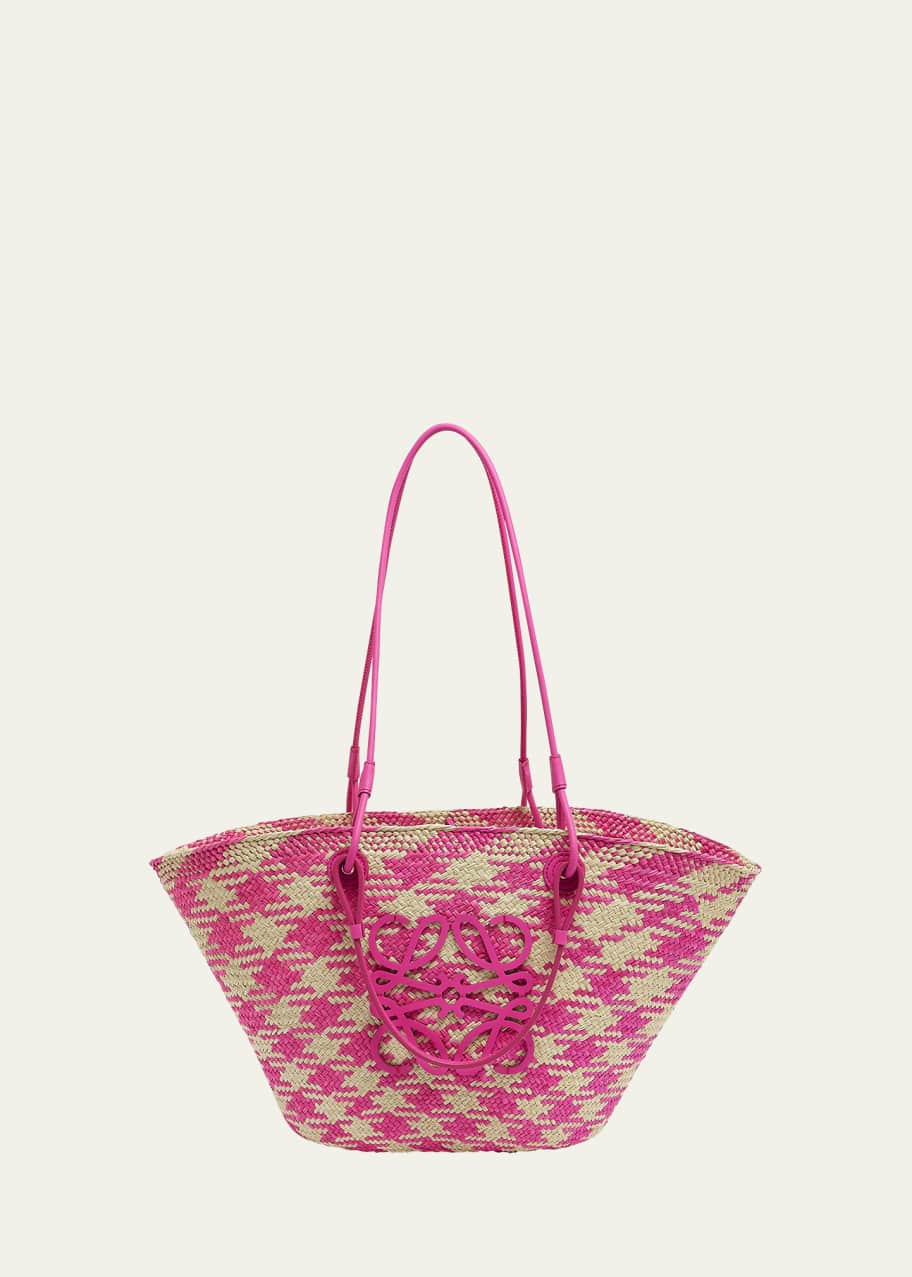 Image 1 of 1: x Paula’s Ibiza Medium Anagram Basket Tote Bag in Checkered Iraca Palm with Leather Handles