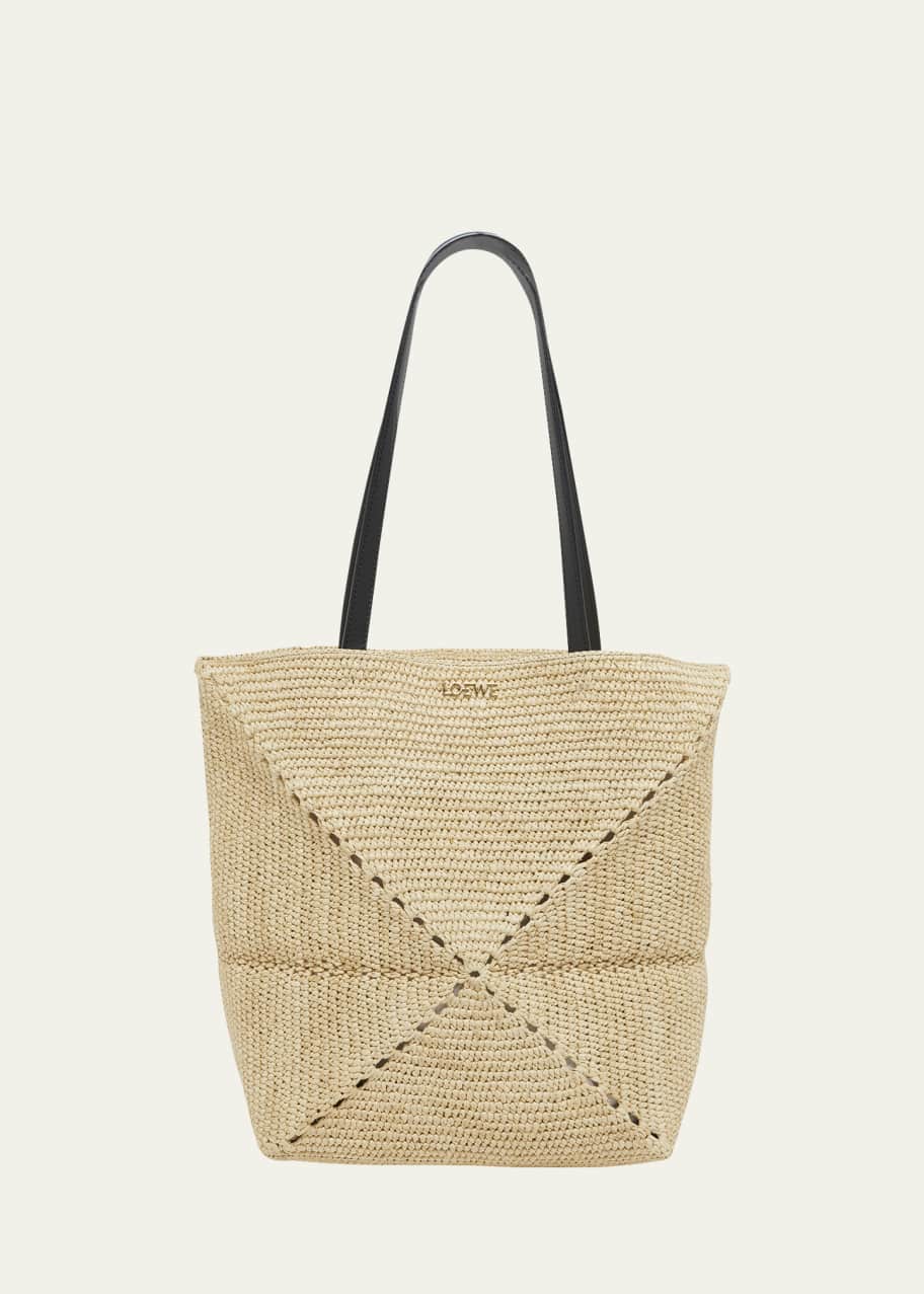 Image 1 of 1: x Paula’s Ibiza Medium Puzzle Fold Tote Bag in Raffia with Leather Handles