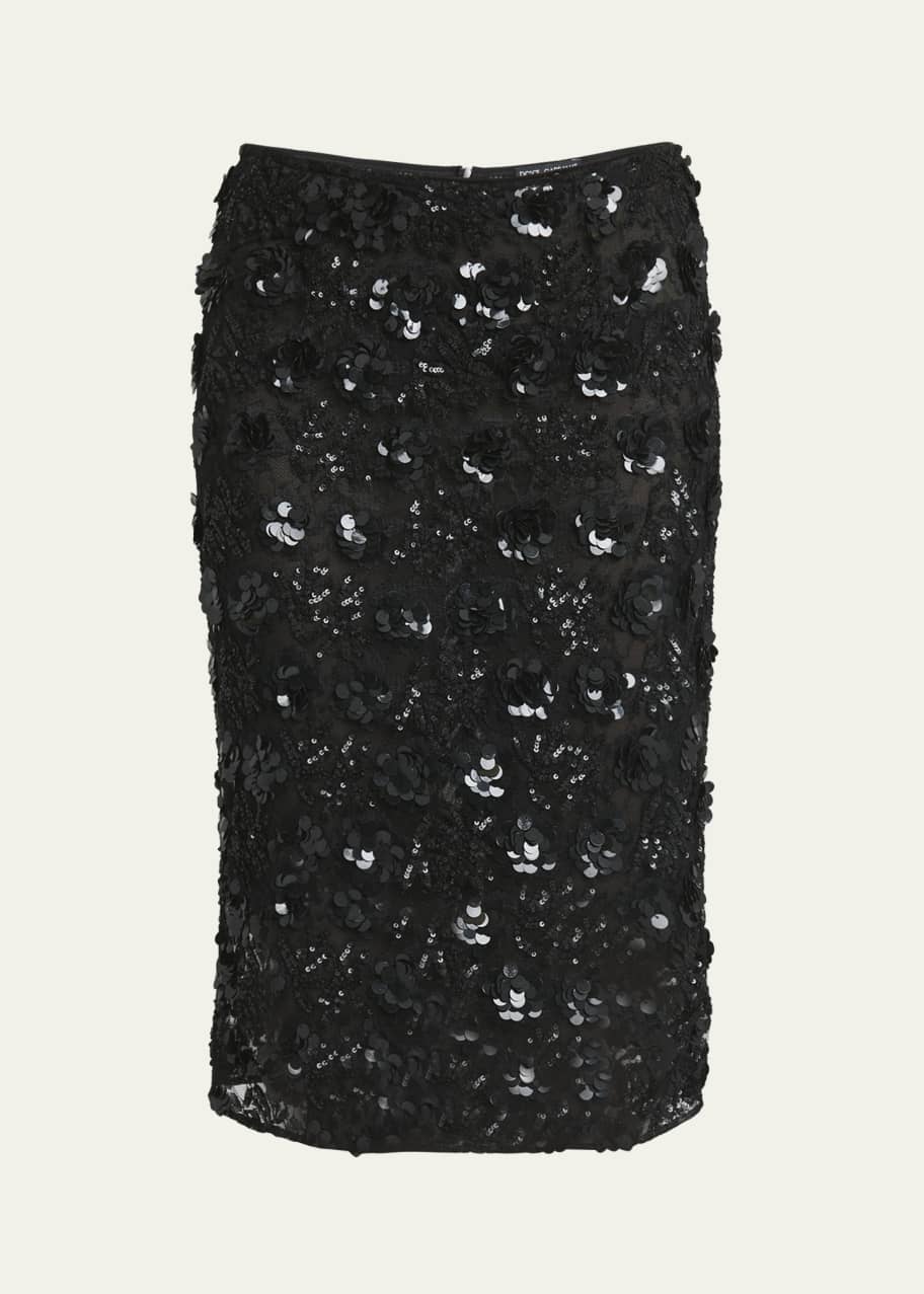 Image 1 of 1: Floral Sequined Lace Pencil Midi Skirt