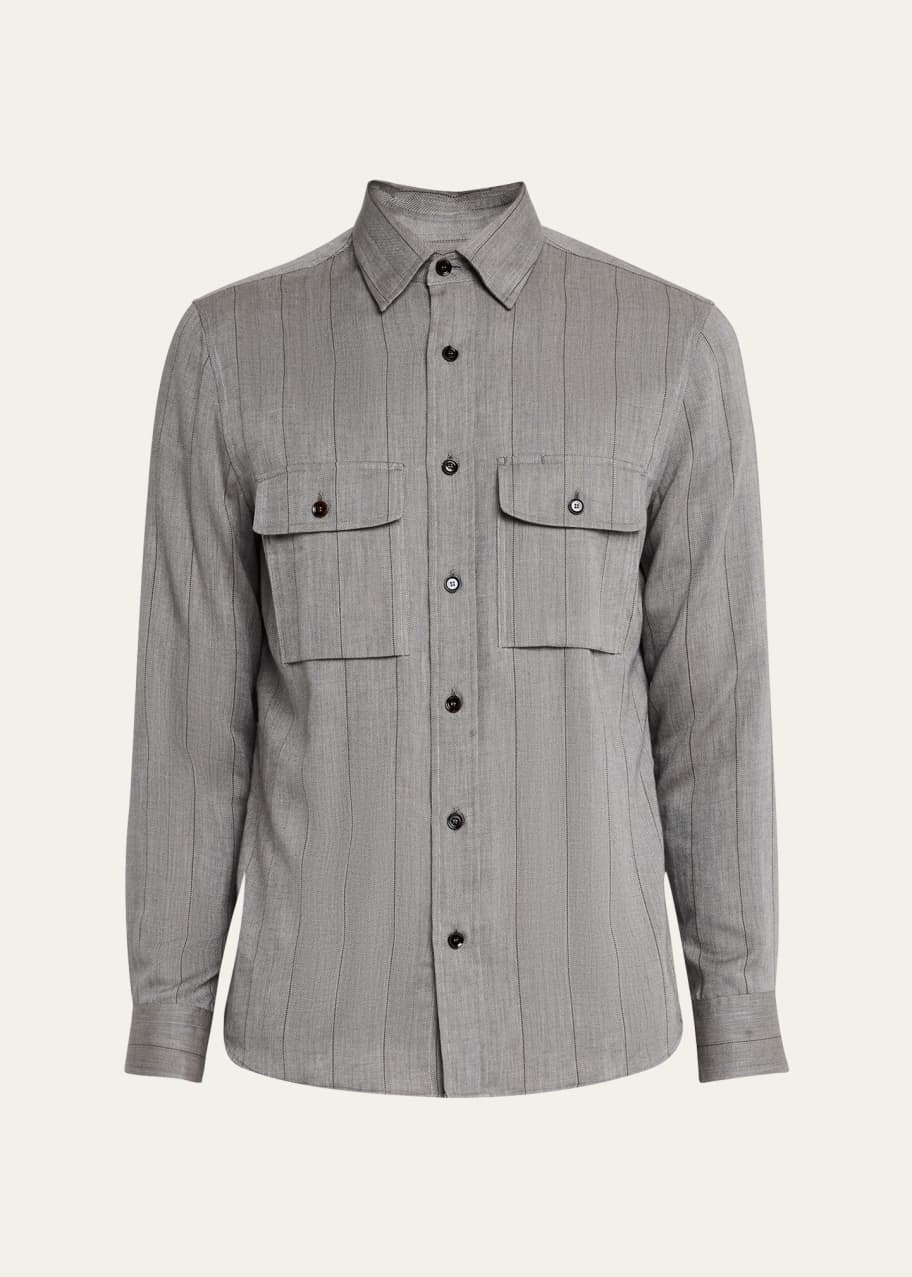 Image 1 of 1: Men's Cotton and Cashmere Stripe Casual Button-Down Shirt