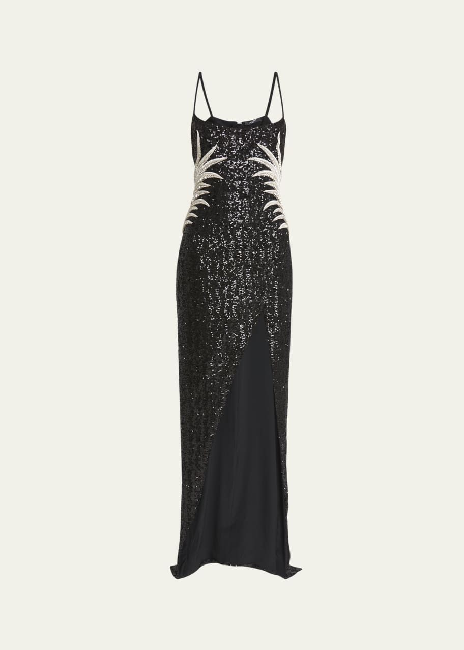 Image 1 of 1: Sequin Embroidered Palm Tree Gown with Slit