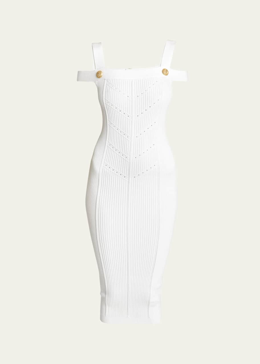 Image 1 of 1: Off-Shoulder Knit Midi Dress with Button Details