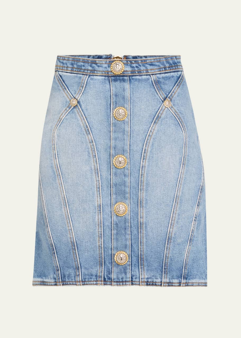 Image 1 of 1: Seamed Denim Pencil Skirt with Gold-Tone Buttons