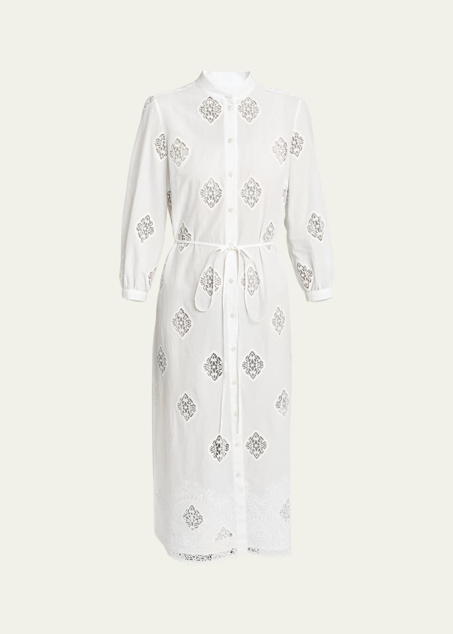 Image 1 of 1: Band-Collar 3/4-Sleeve Belted Cotton Midi Shirtdress