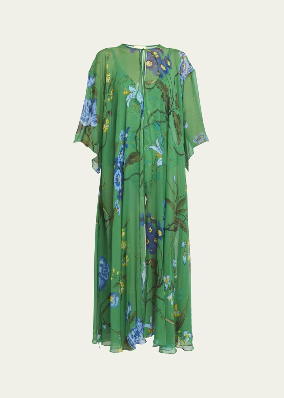 Image 1 of 1: Floral-Print Silk Open Maxi Kaftan Dress