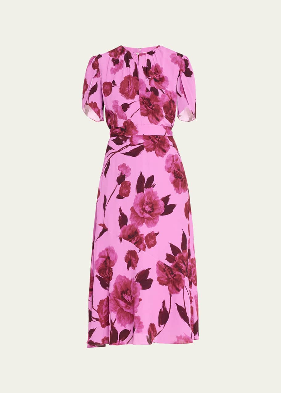 Image 1 of 1: Floral Keyhole Belted Silk Midi Dress
