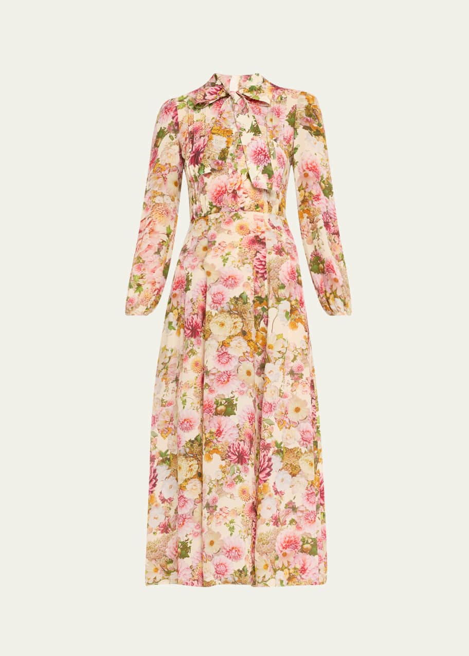 Image 1 of 1: Alison Floral Crepe De Chine Long-Sleeve Maxi Dress