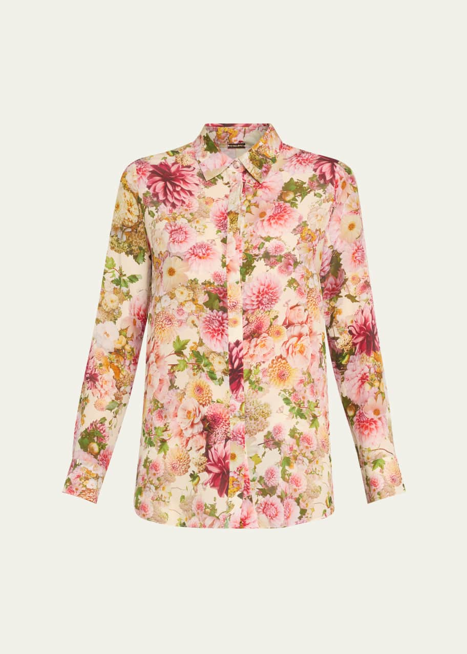 Image 1 of 1: Floral Print Crepe De Chine Button-Front Shirt