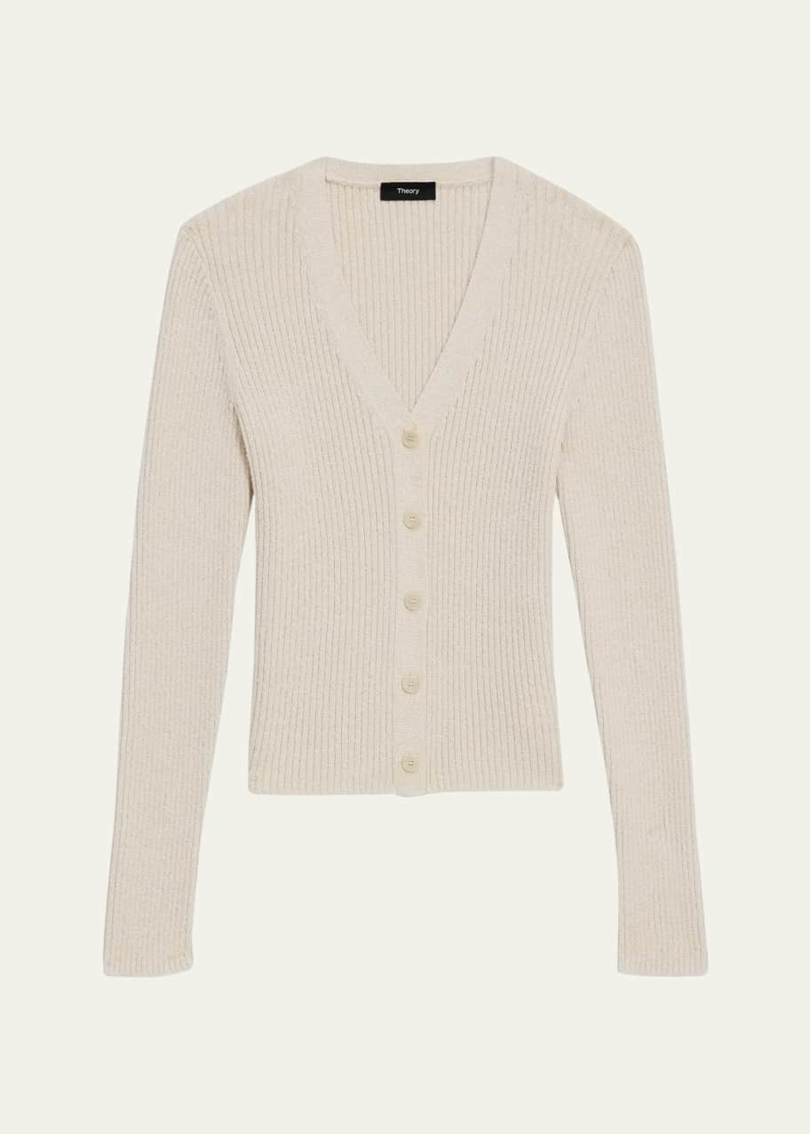 Image 1 of 1: Textured Cotton Rib Fitted V-Neck Cardigan