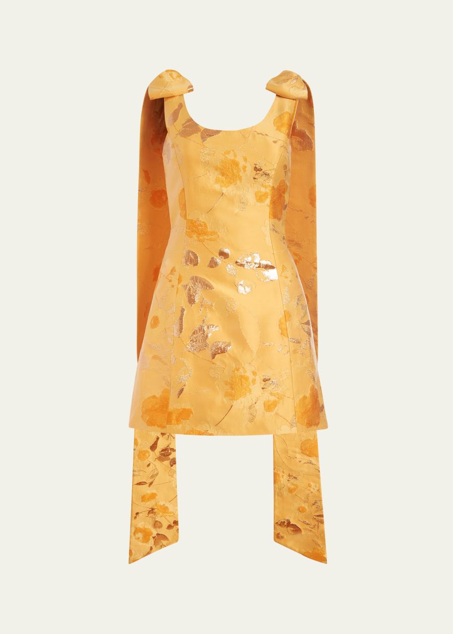 Markarian Gita Floral Brocade Mini Dress with Bow Shoulder Train