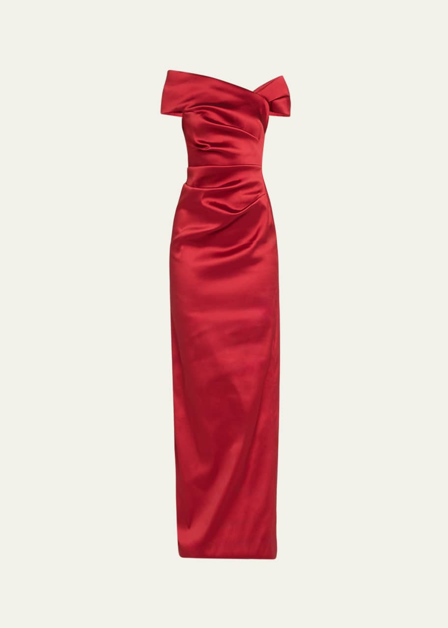 Image 1 of 1: Ruched Off-Shoulder Column Gown