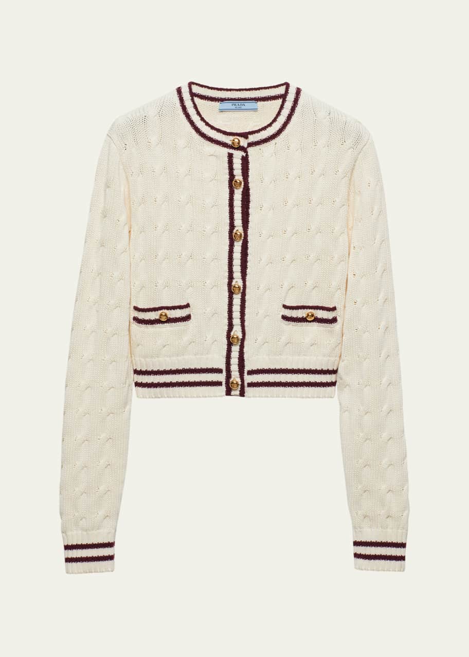 Prada Contrast Trim Cable-Knit Cardigan - Bergdorf Goodman
