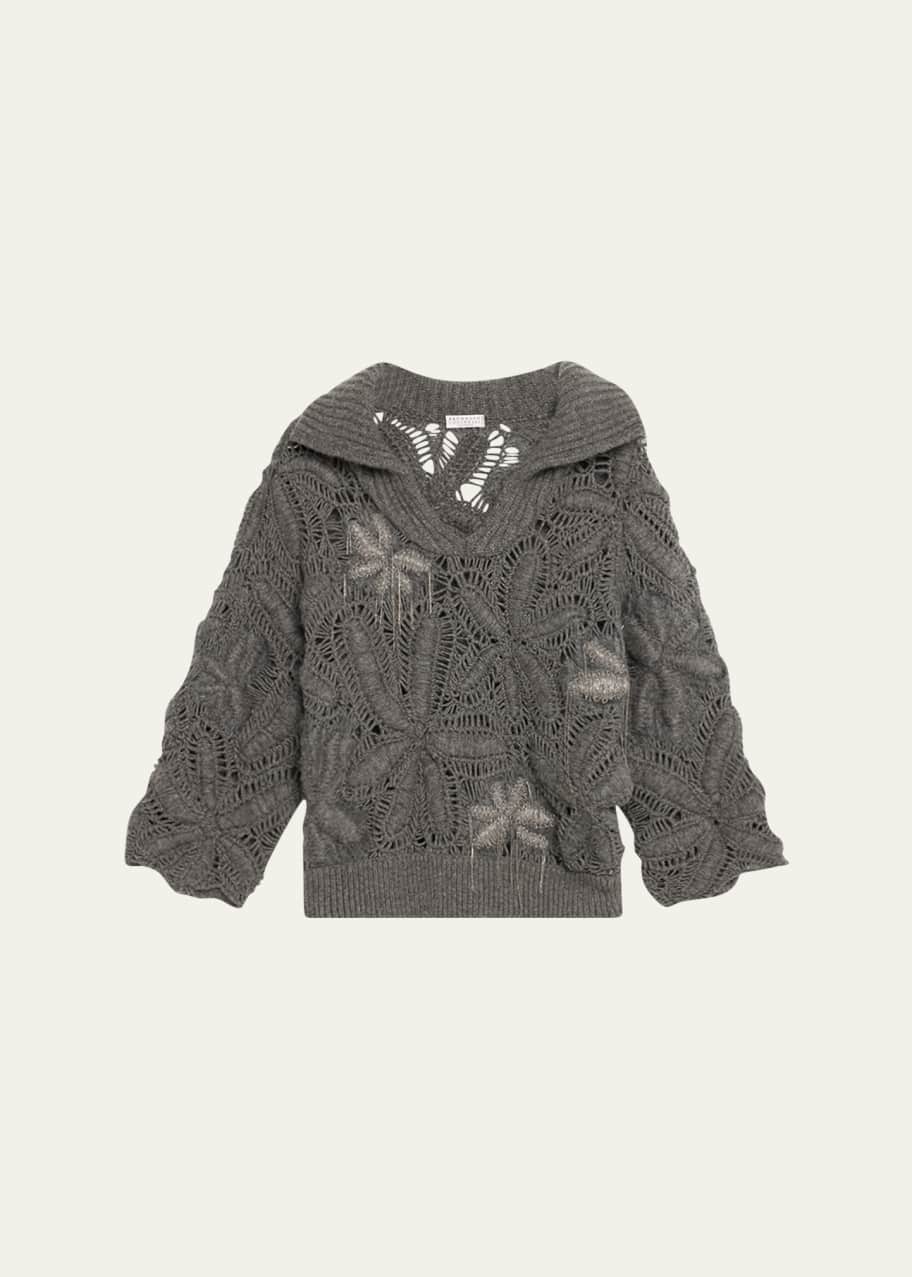 Image 1 of 1: Opera Cashmere Floral Crochet Embroidered Knit Sweater