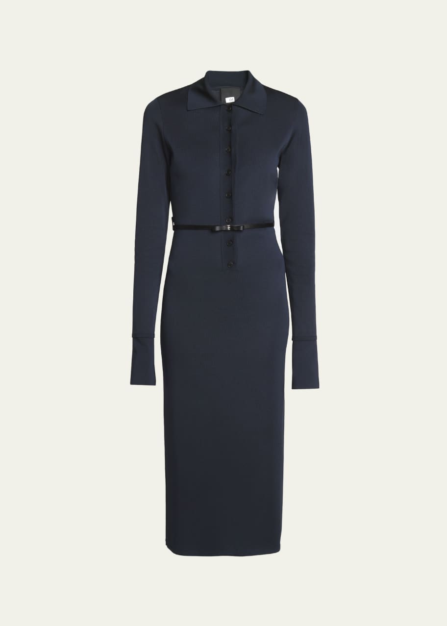 Image 1 of 1: Belted Knit Henley Midi Dress