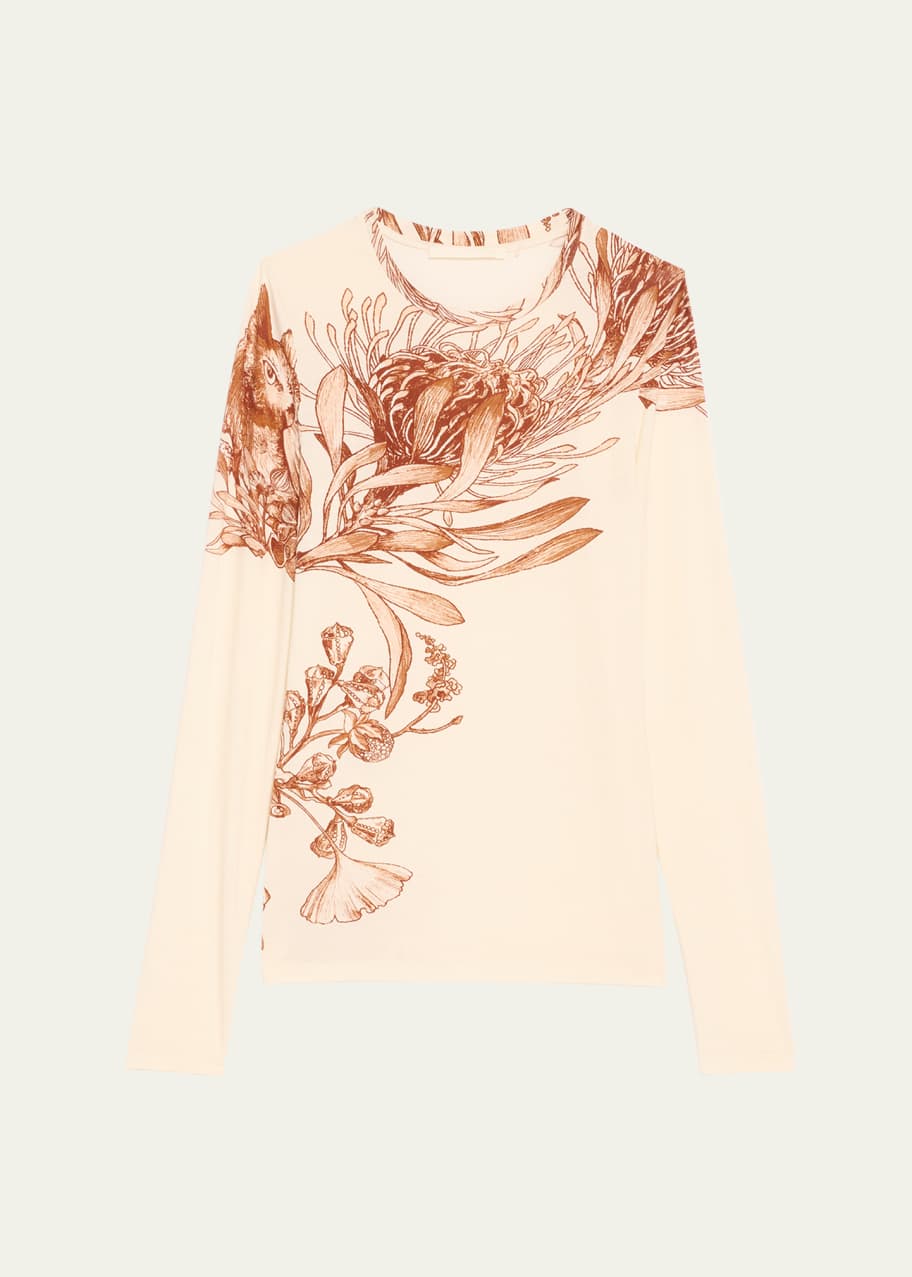 Image 1 of 1: Pincushion Floral-Printed Jersey Long-Sleeve Top