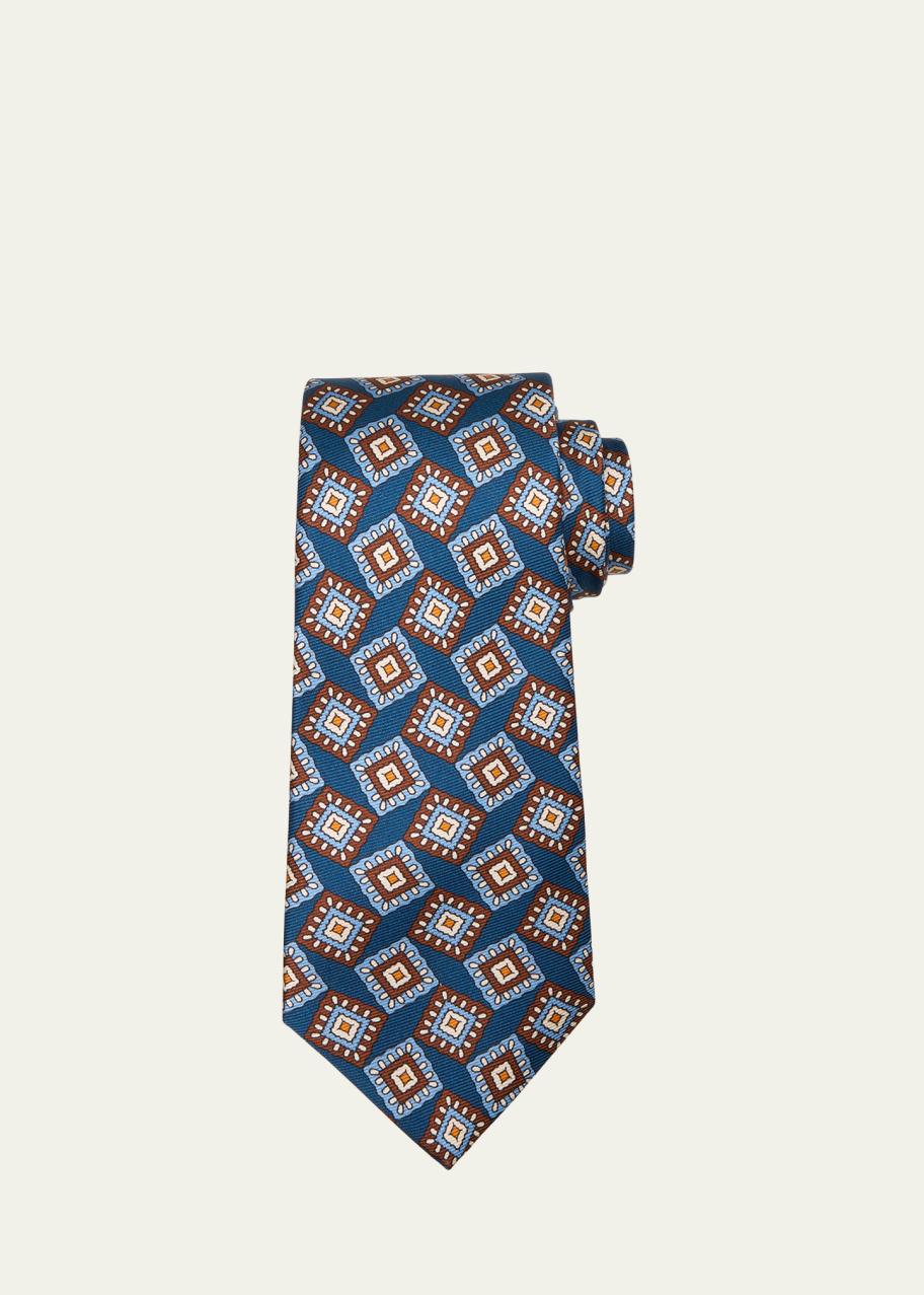 Men's Extra Wide 5 Inch Kipper Silk Tie - Brown Retro Square Print, Handmade In UK - View #3