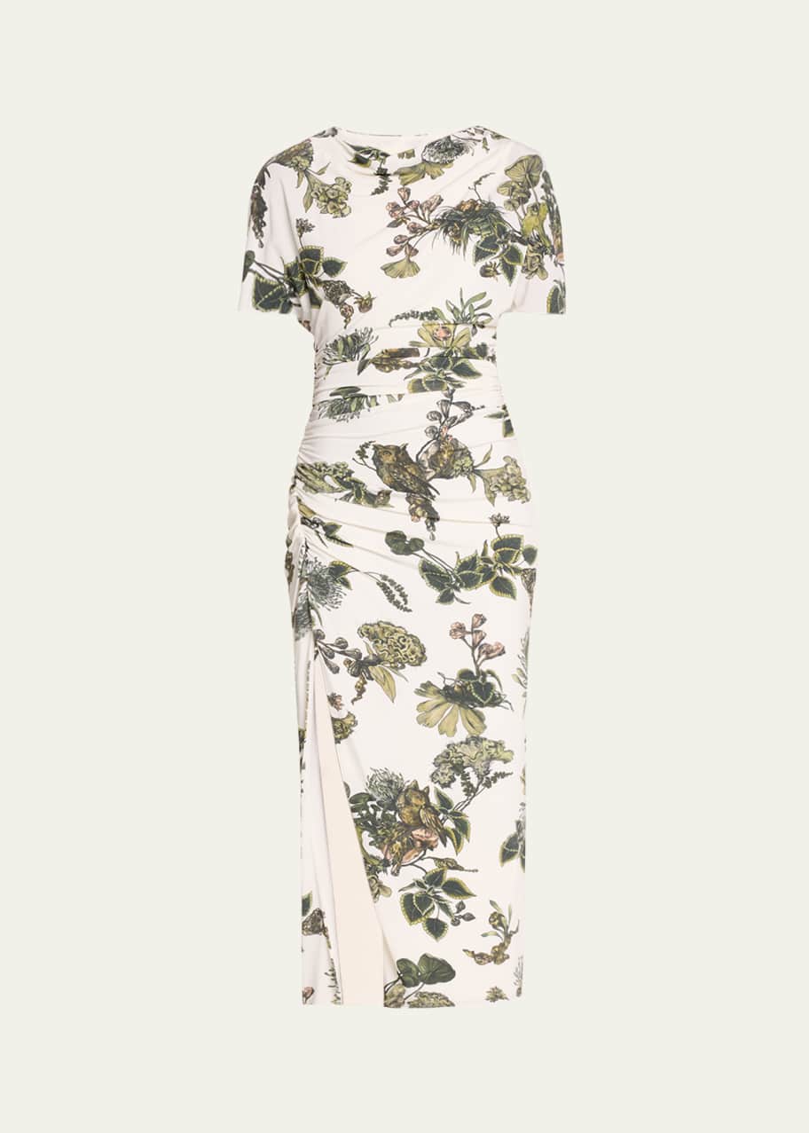 Image 1 of 1: Floral Ruched Jersey Midi Dress with High Slit