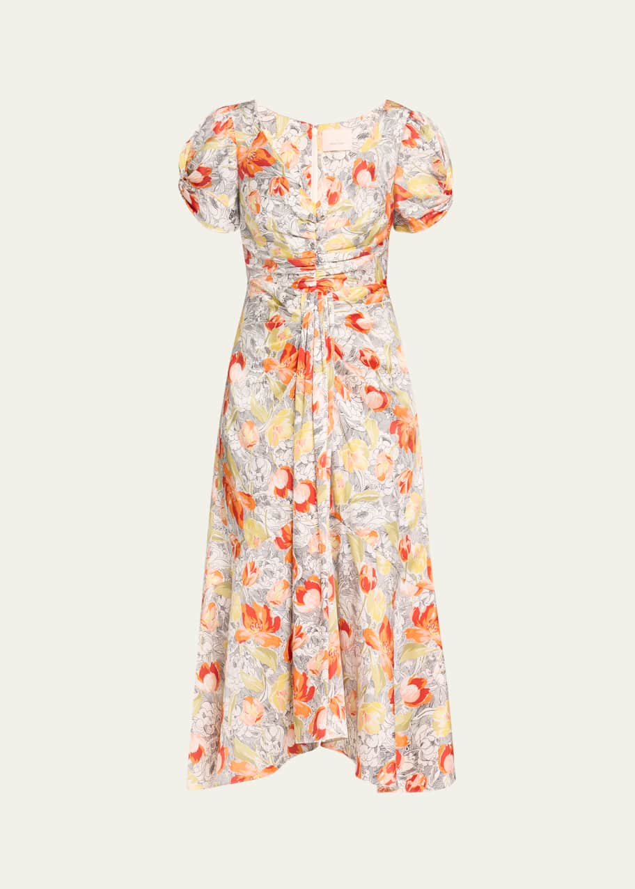 Image 1 of 1: Ximena Draped Floral Puff-Sleeve V-Neck Midi Dress