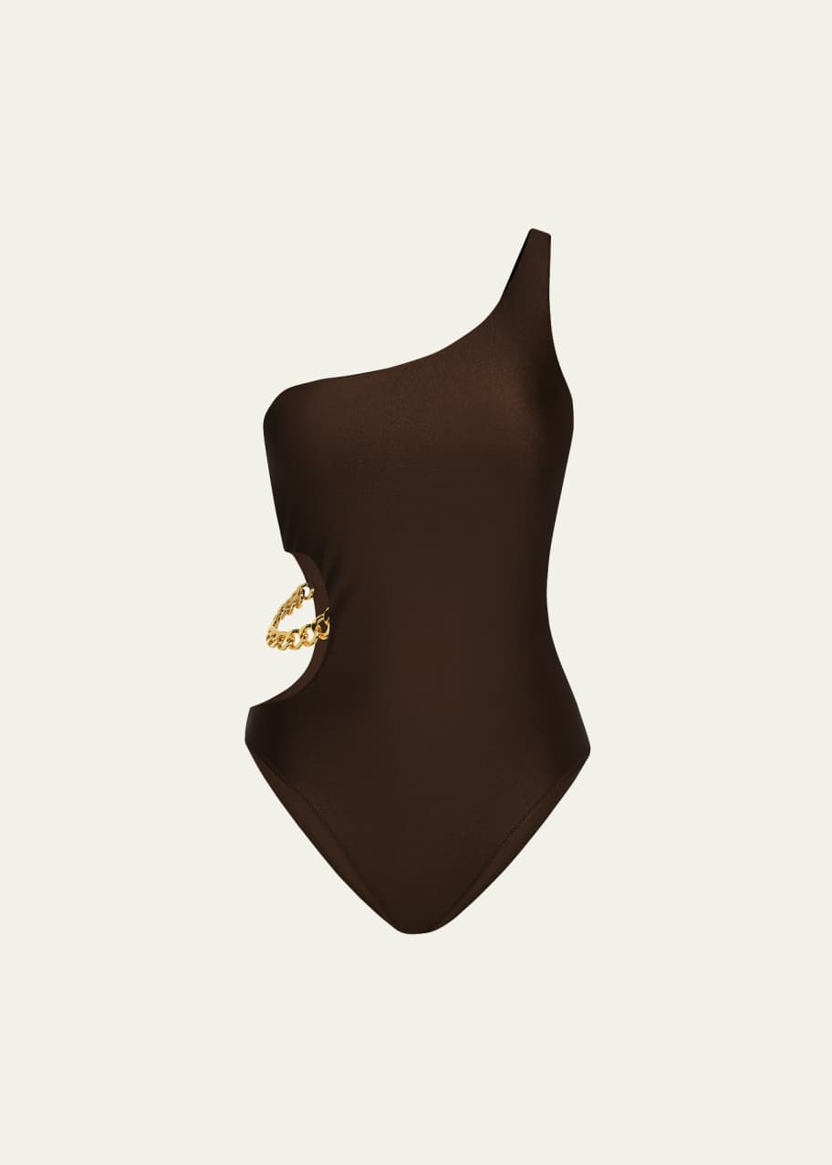 Image 1 of 1: Ava Shimmer One-Shoulder Cutout One-Piece Swimsuit