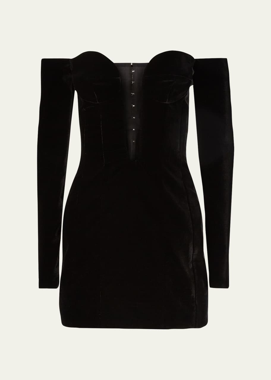 white christmas dresses Bebe Women's Velvet Sheer Corset Mini Dress, Size XL in Black Polyester main image 1