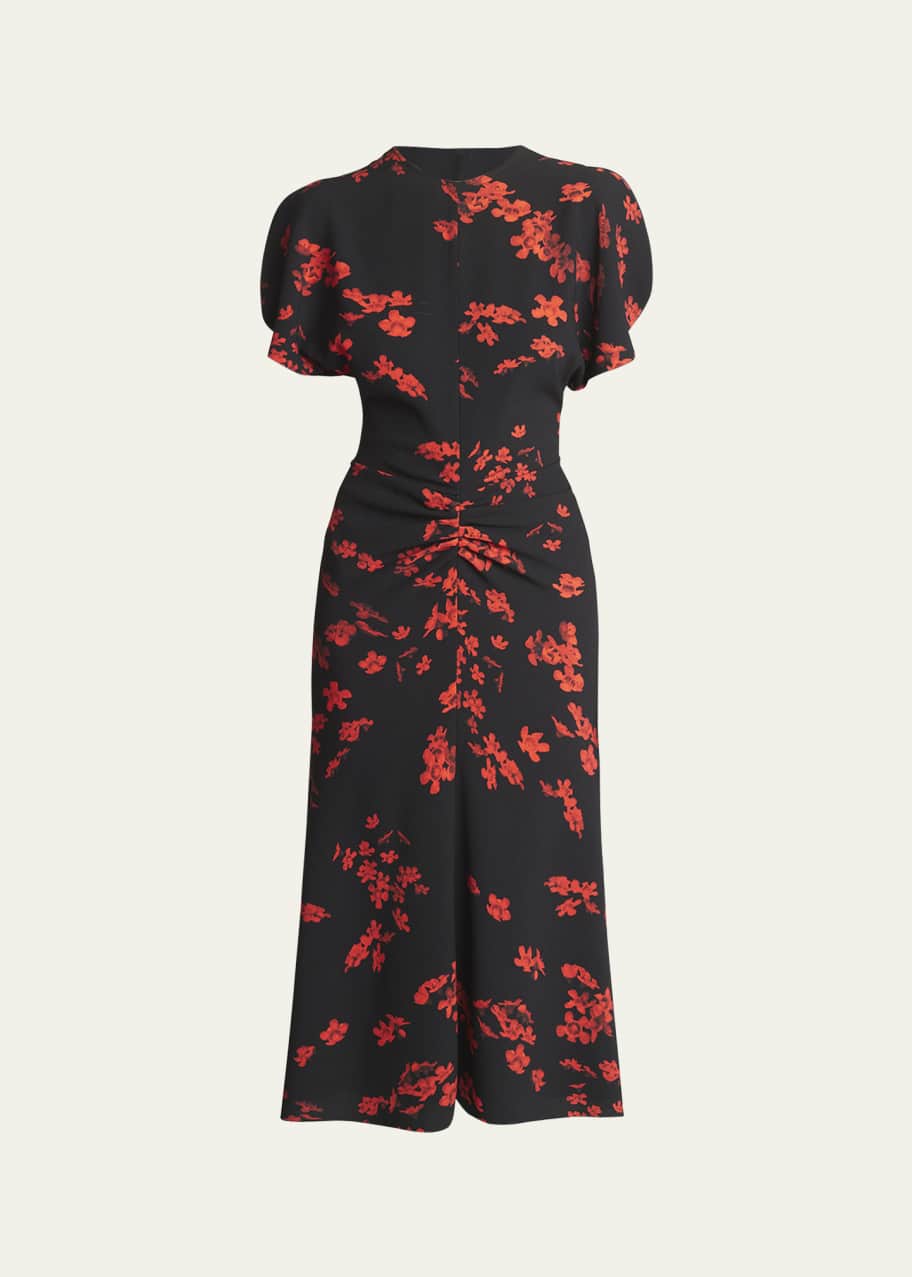 Image 1 of 1: Gathered Waist Floral Print Midi Dress