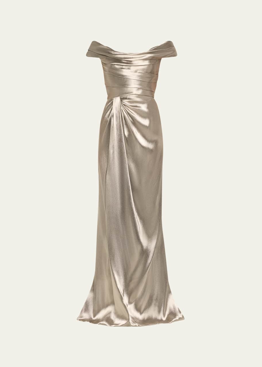 Image 1 of 1: Off-Shoulder Hand Draped Metallic Gown with Slit