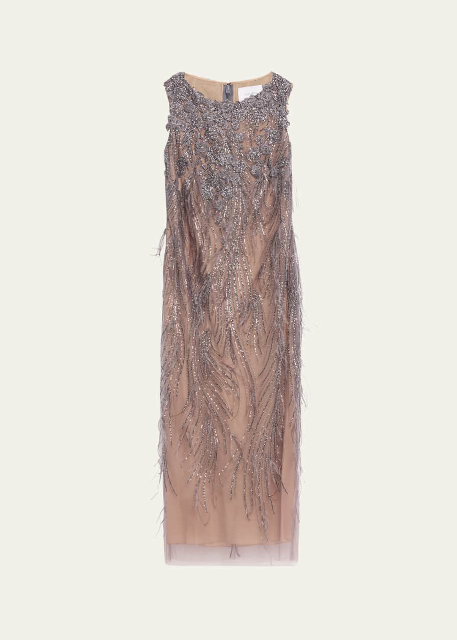 Marchesa Beaded OstrichFeather Embroidered Cocktail Dress Bergdorf