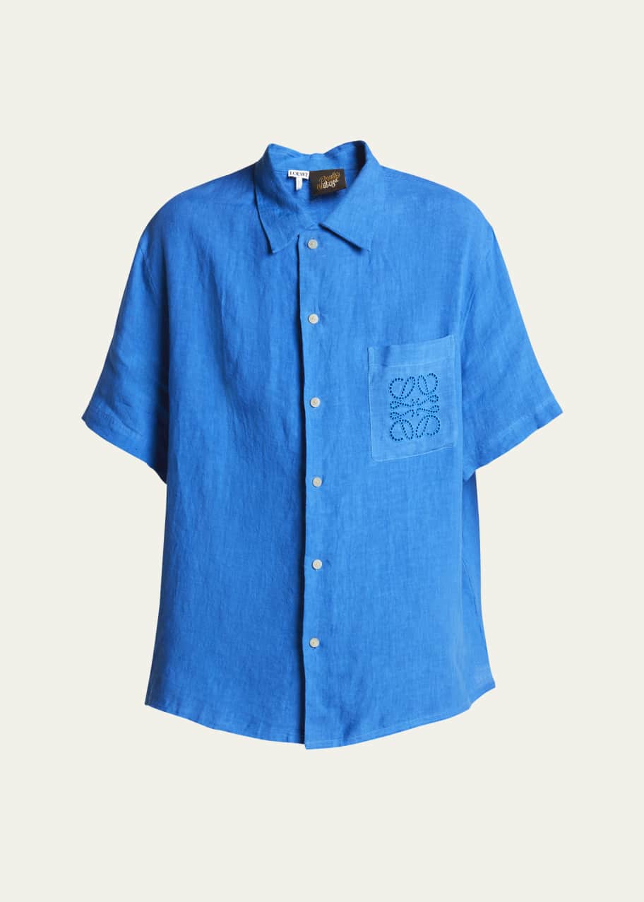 Loewe Men's Embroidered Anagram Linen Short-Sleeve Shirt - Bergdorf Goodman