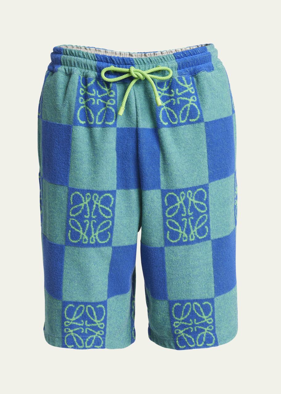 LOEWE Men's Towel Terry Checkerboard Anagram Shorts - Bergdorf Goodman