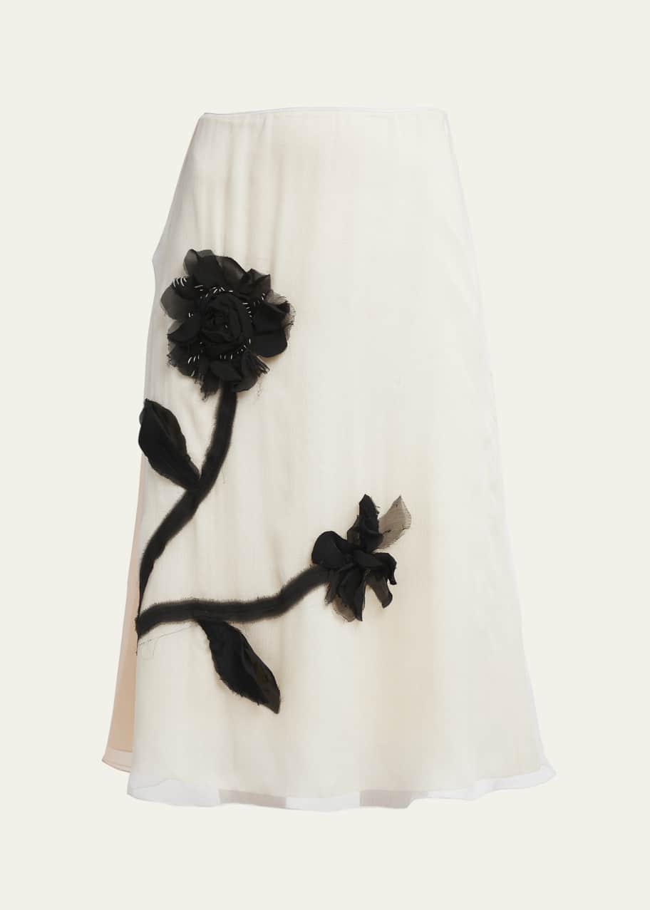 Image 1 of 1: 3D Flower Embroidered Bicolor Fluid Silk Midi Skirt