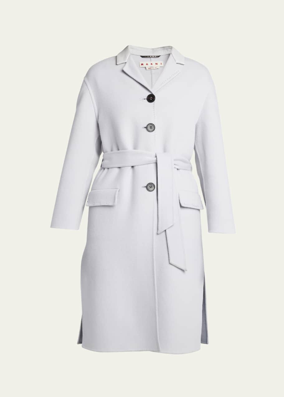 Image 1 of 1: Leather-Collar Belted Single-Breasted Cashmere Long Coat