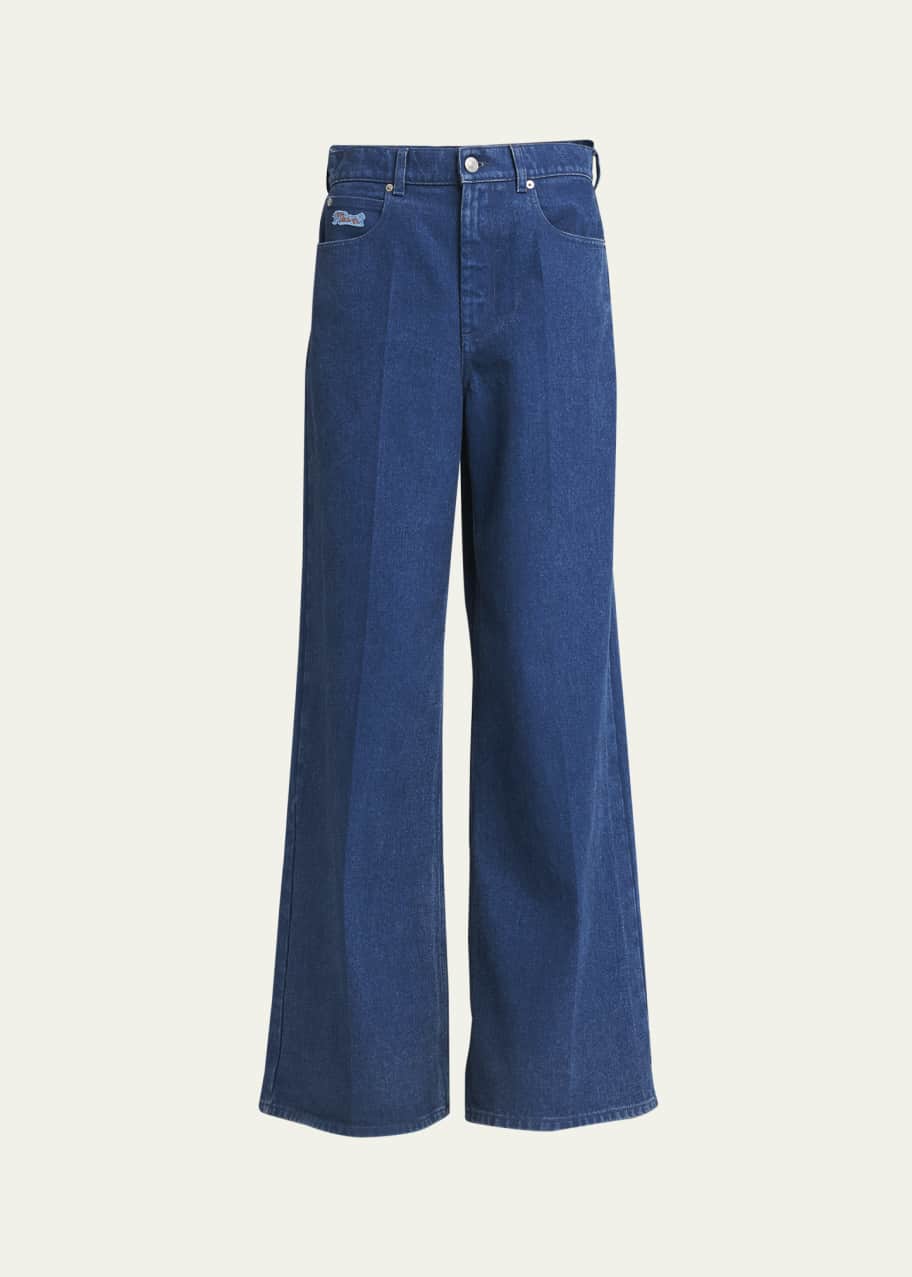 Image 1 of 1: Logo-Embroidered Five-Pocket Wide-Leg Denim Jeans