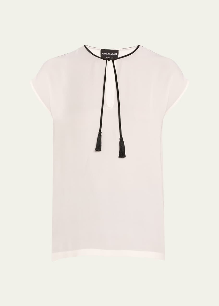 Image 1 of 1: Silk Georgette Short Blouse with Tie Neck Detail