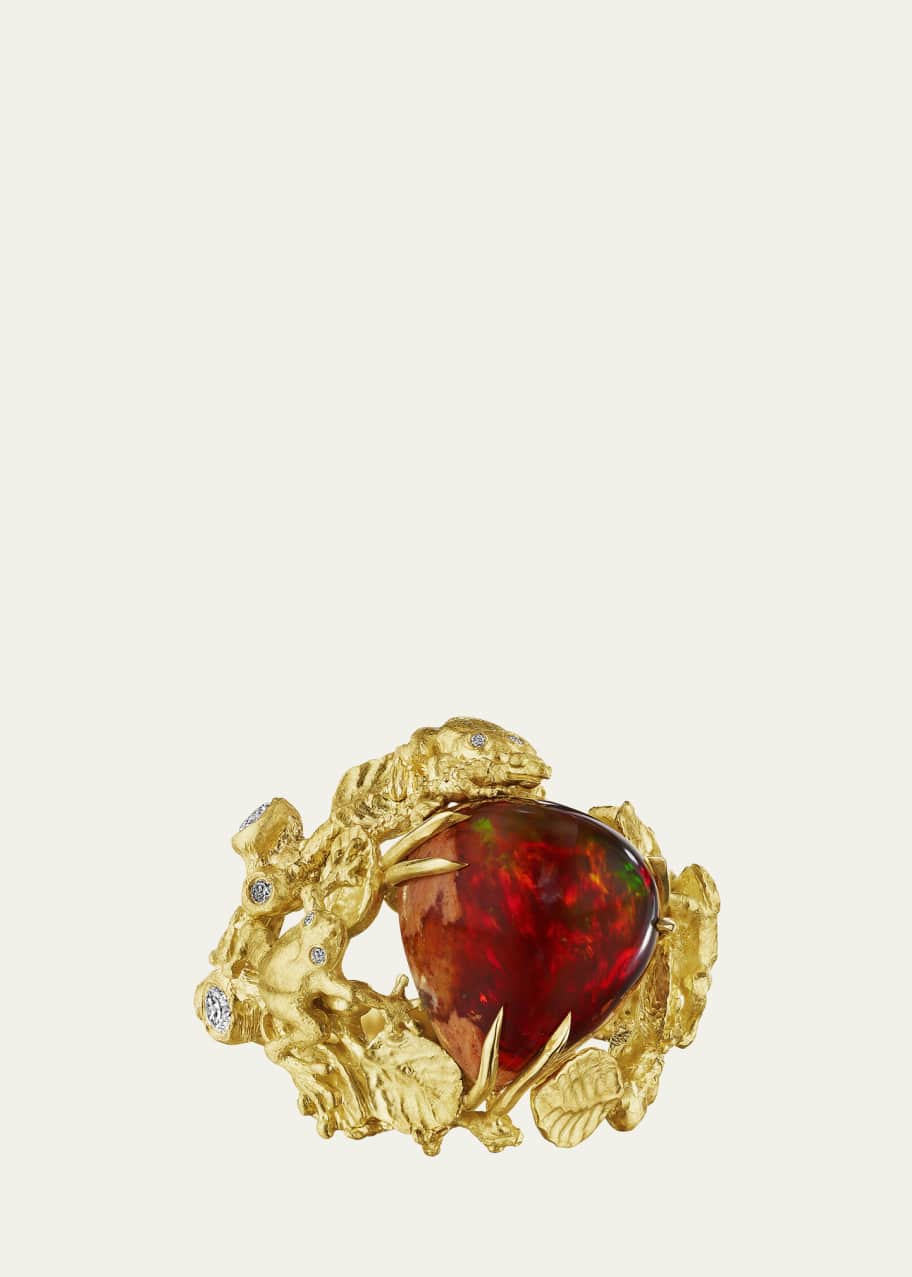 Image 1 of 1: 18K Yellow Gold Bespoke Mexican Fire Opal Treefrog Ring, Size 6.25