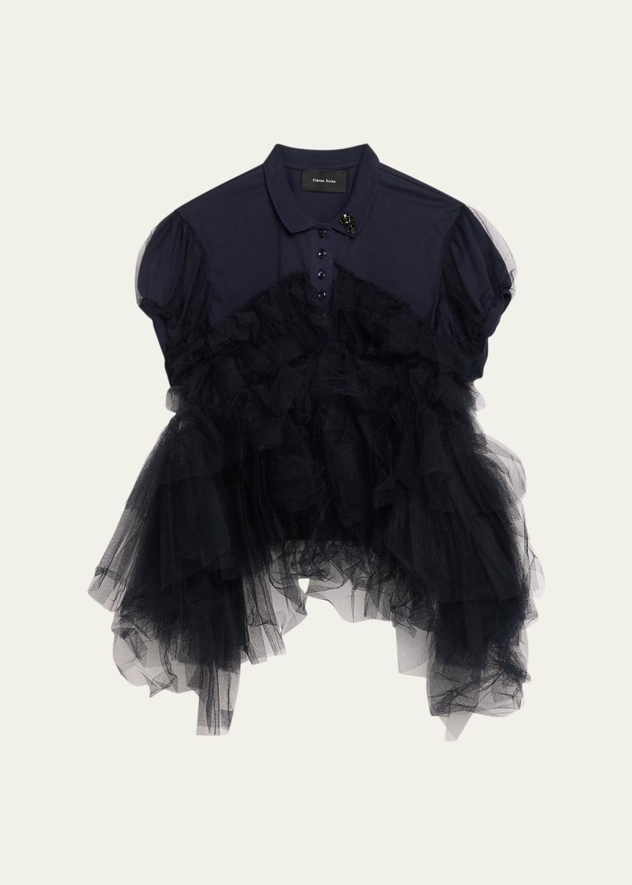 Simone Rocha Puff-Sleeve Tulle Frill Crystal Polo Shirt - Bergdorf