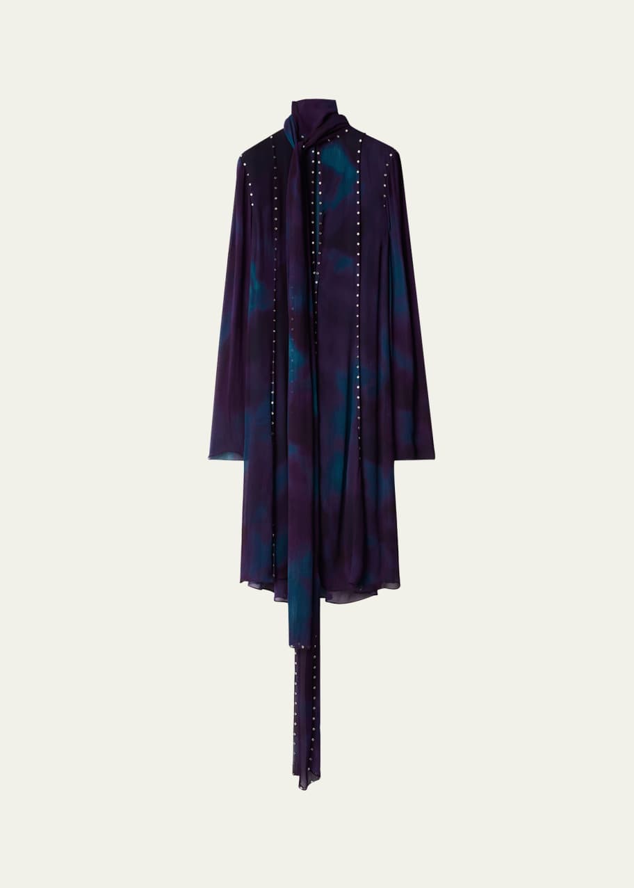 Image 1 of 1: Printed Crepe Scarf-Neck Dress with Studs