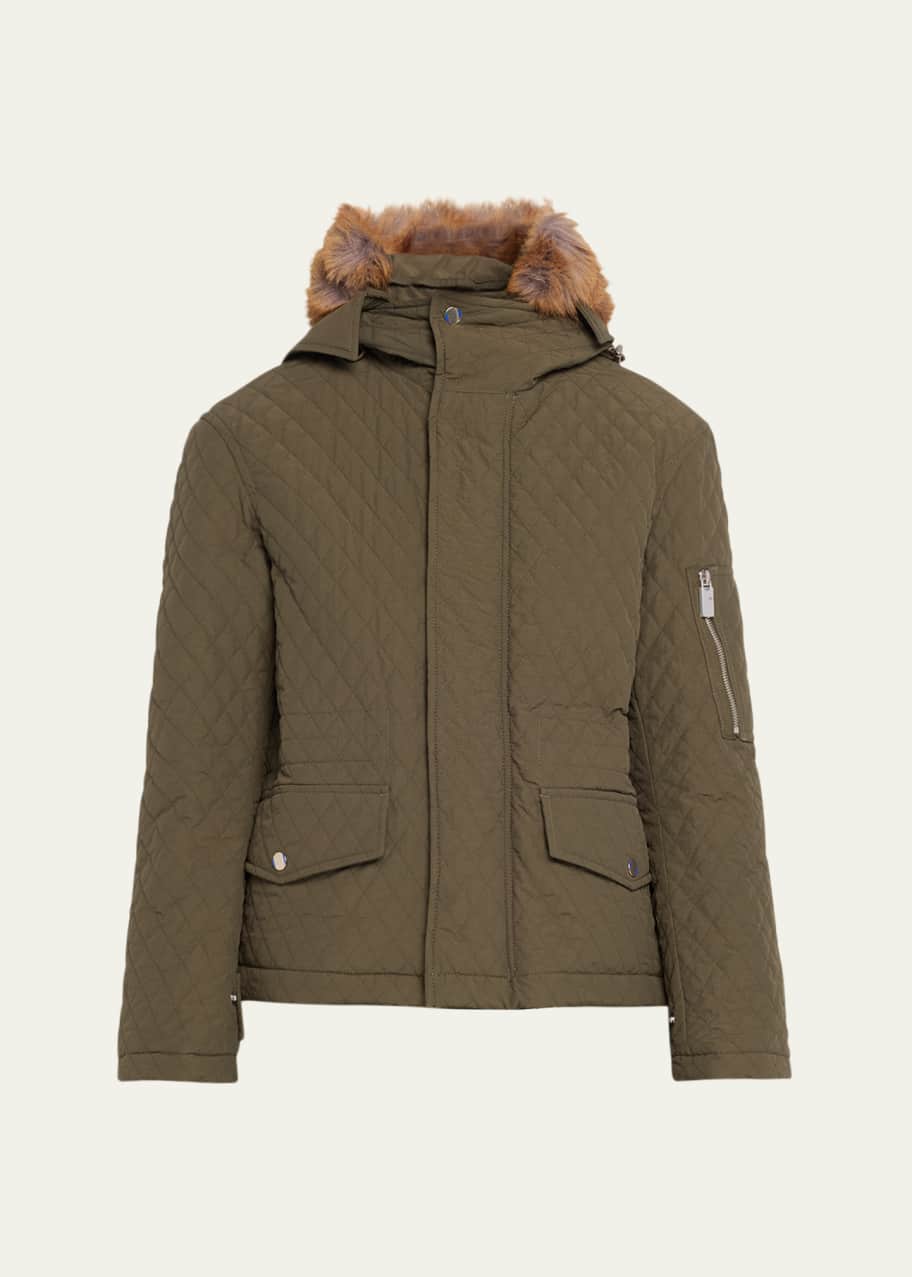 Image 1 of 1: Short Quilted Jacket with Faux Fur Hood