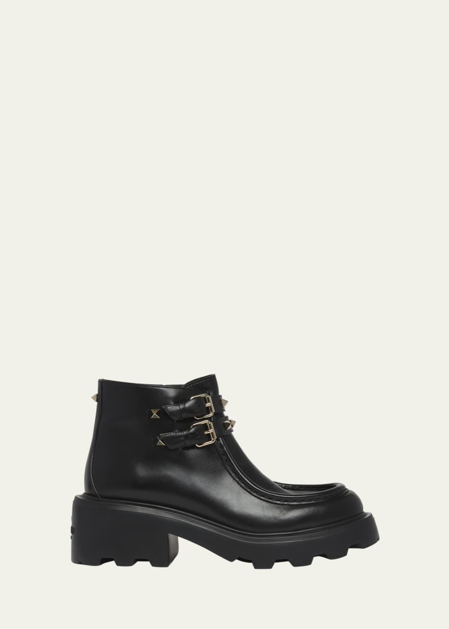 Rockstud Leather Dual-Buckle Ankle Boots