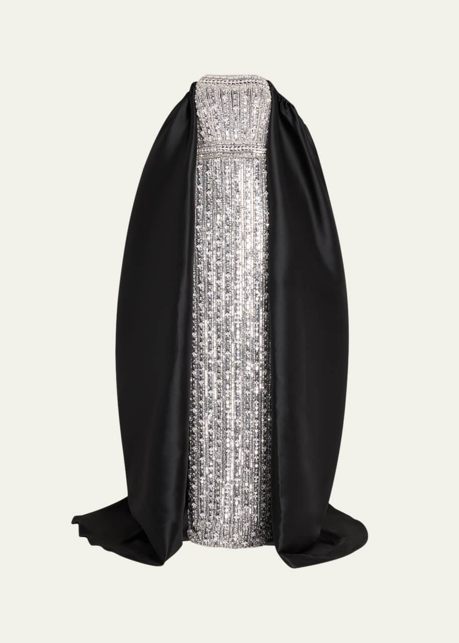 Image 1 of 1: Crystal Embellished Tulle Gown with Pique Mikado Cape