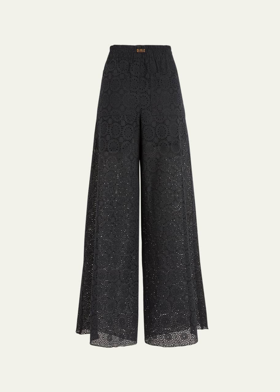 Image 1 of 1: Embroidered Wide-Leg Cotton Pants