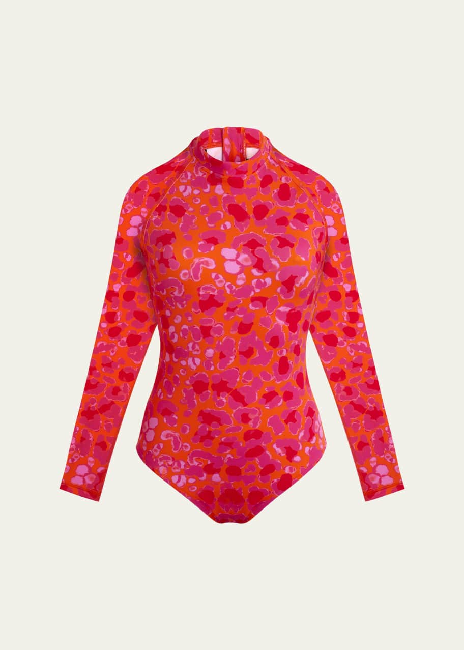 Image 1 of 1: Abstract Leopard Printed Rashguard One-Piece Swimsuit