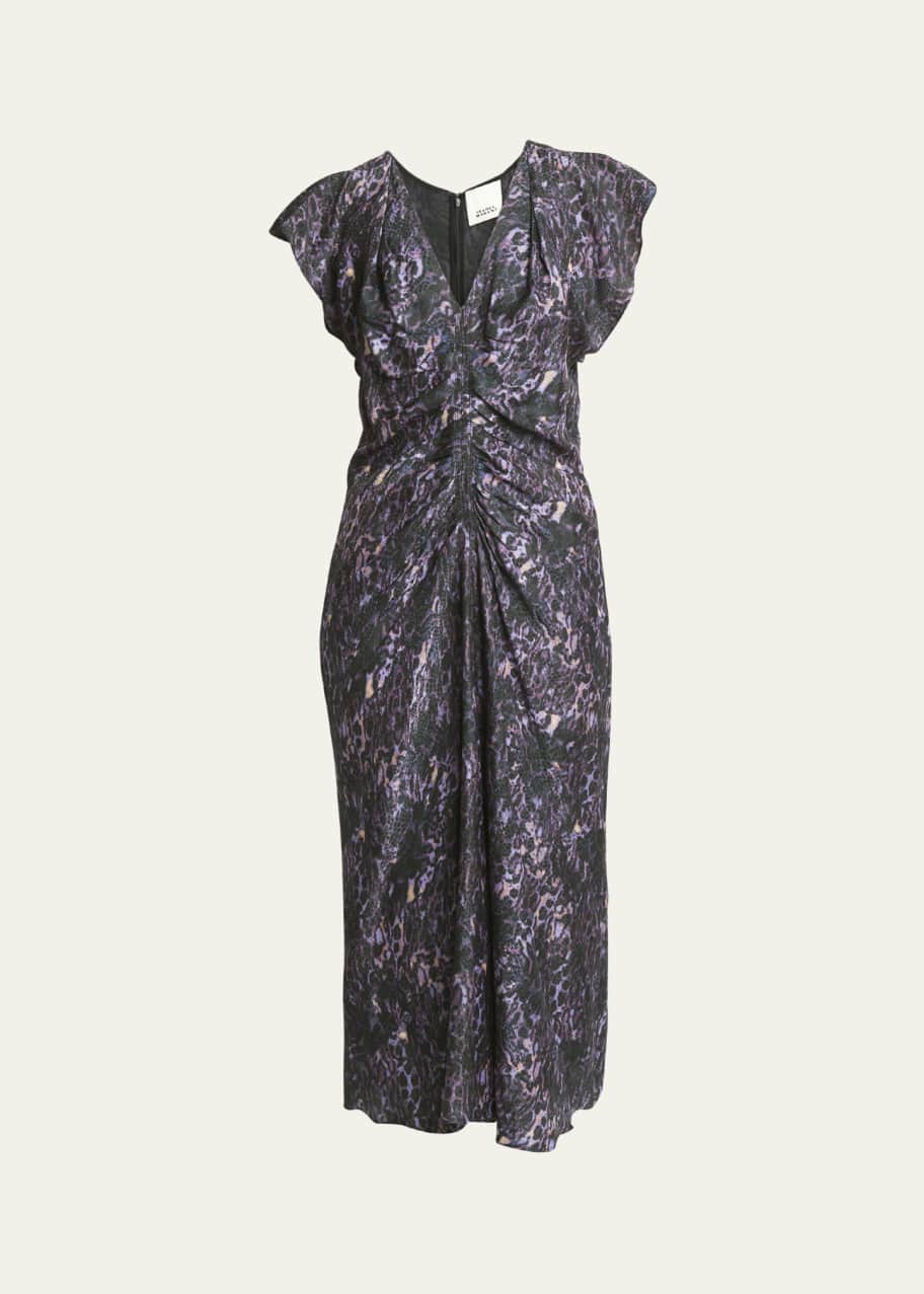 Image 1 of 1: Lyndsay Printed Gathered Midi Silk Dress
