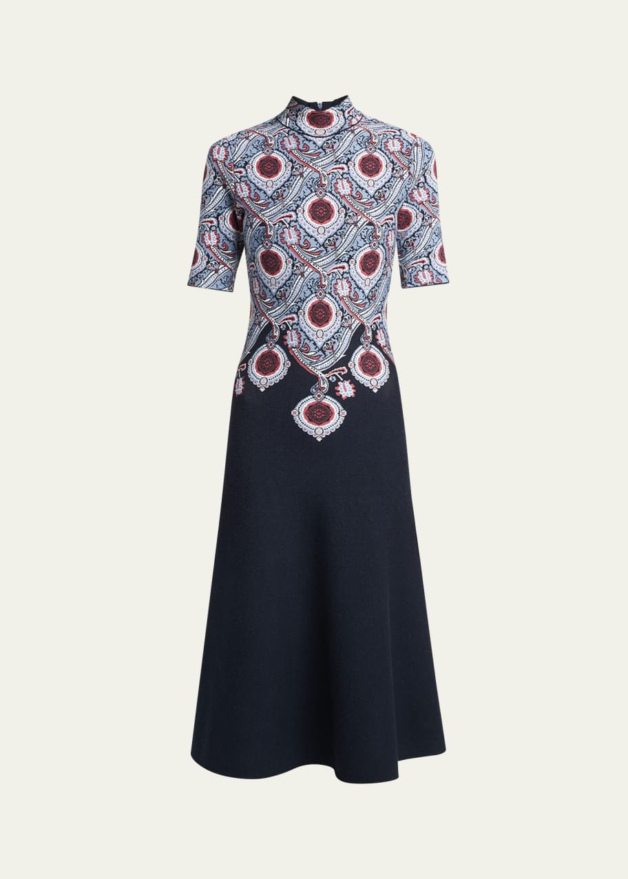 Image 1 of 1: Printed High-Neck Knit Midi Dress