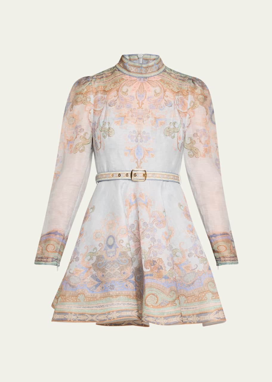 Zimmermann Eden Paisley-Print Long-Sleeve Belted Mini Dress