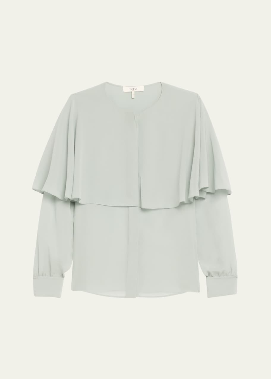 Image 1 of 1: Silk Georgette Button-Front Blouse with Shawl Overlay