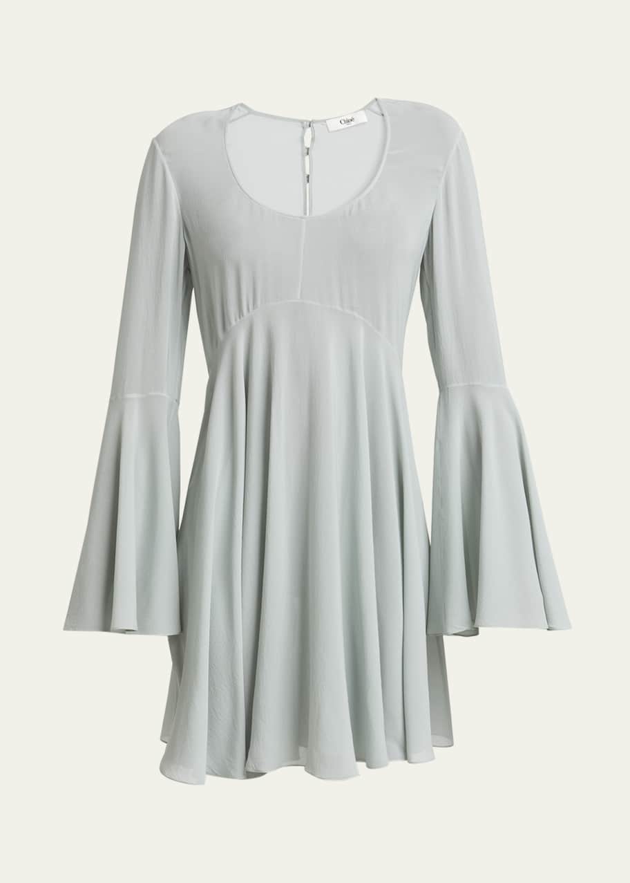 Image 1 of 1: Bell-Sleeve Silk Georgette Mini Dress