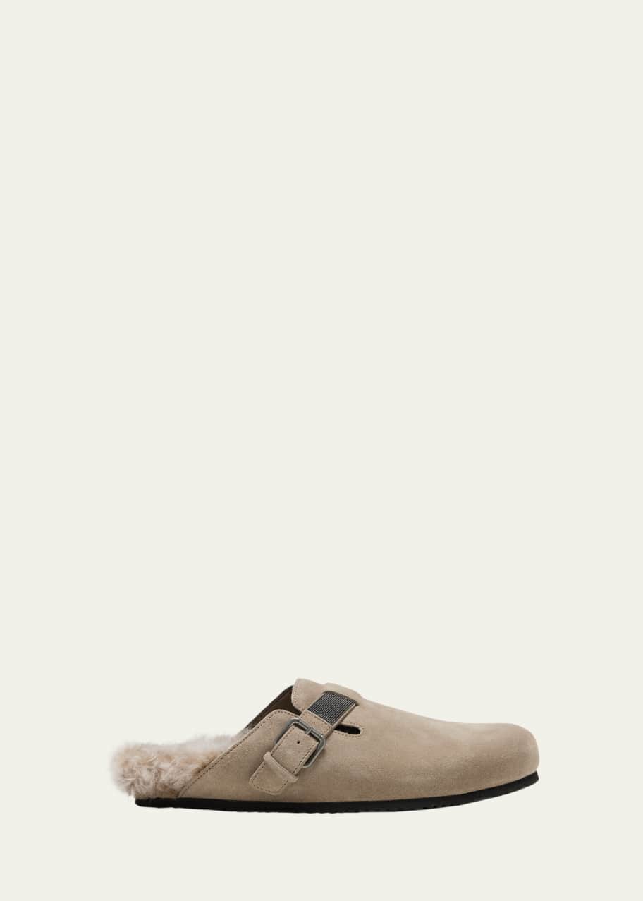 Image 1 of 1: Suede Shearling Monili Buckle Mules