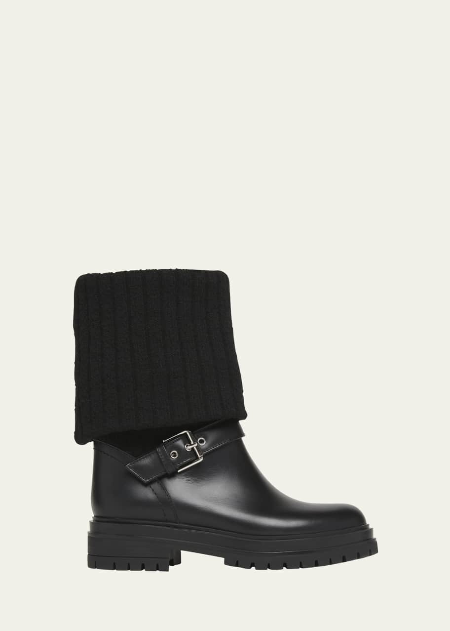 Image 1 of 1: Leather Knit Collar Moto Boots