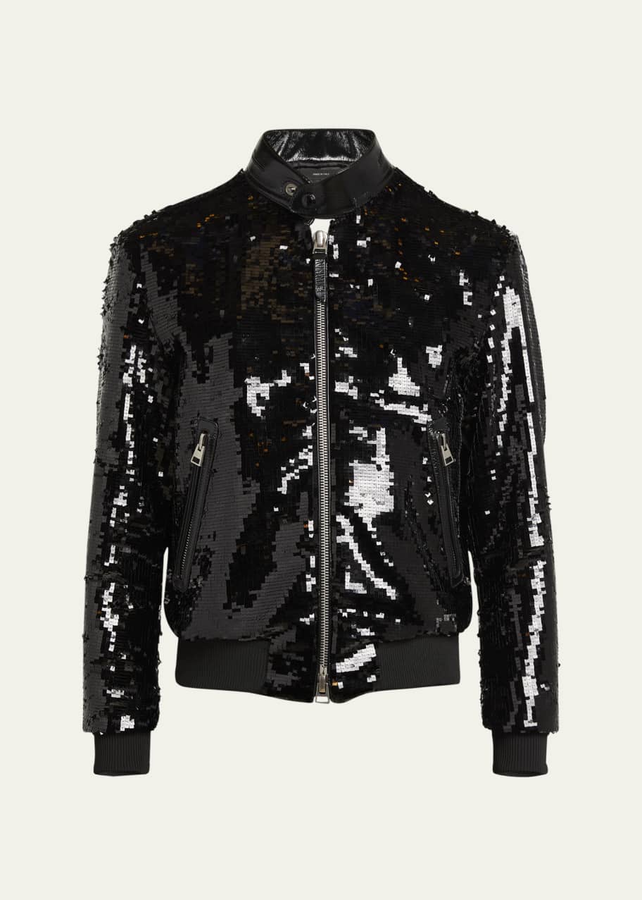 Image 1 of 1: Men's Sequin Embroidered Biker Blouson Jacket